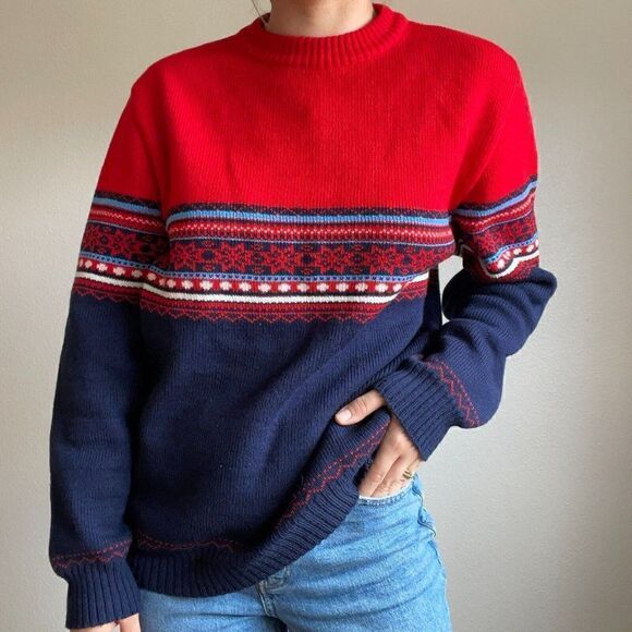 Vintage 90s David Gregg Fair Isle Red Blue Oversized Grandpa Sweater Sz L - Picture 7 of 7